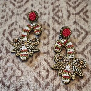 Candy Cane Beaded Earrings with Red and Gold Accents